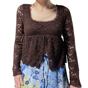NWT✨ | La Peche | Brown Lace Long Sleeve Cropped Open Front Babydoll Top